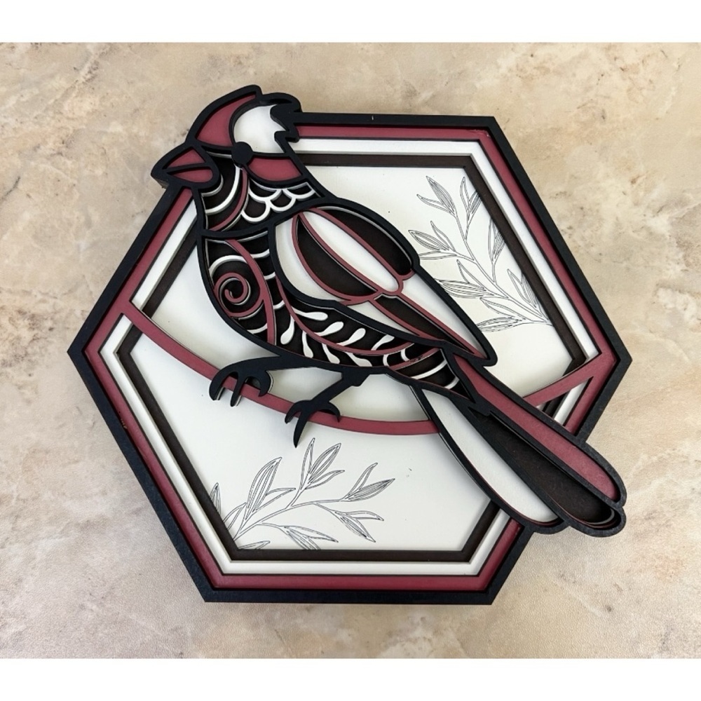 Perched Bird 3D Handcrafted Hand Painted Hexagon Wall Hanging Picture 8.13X8.88
